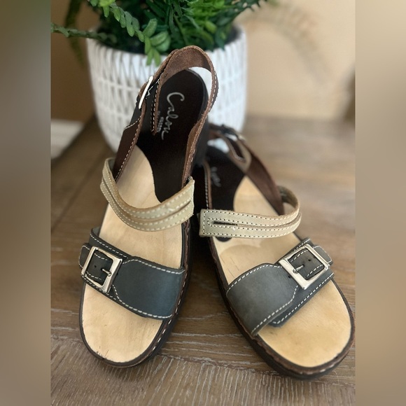 CALOU Stylish Women's Clog Sandals with Buckle - Black and Tan Size 7.5 - Picture 4 of 14